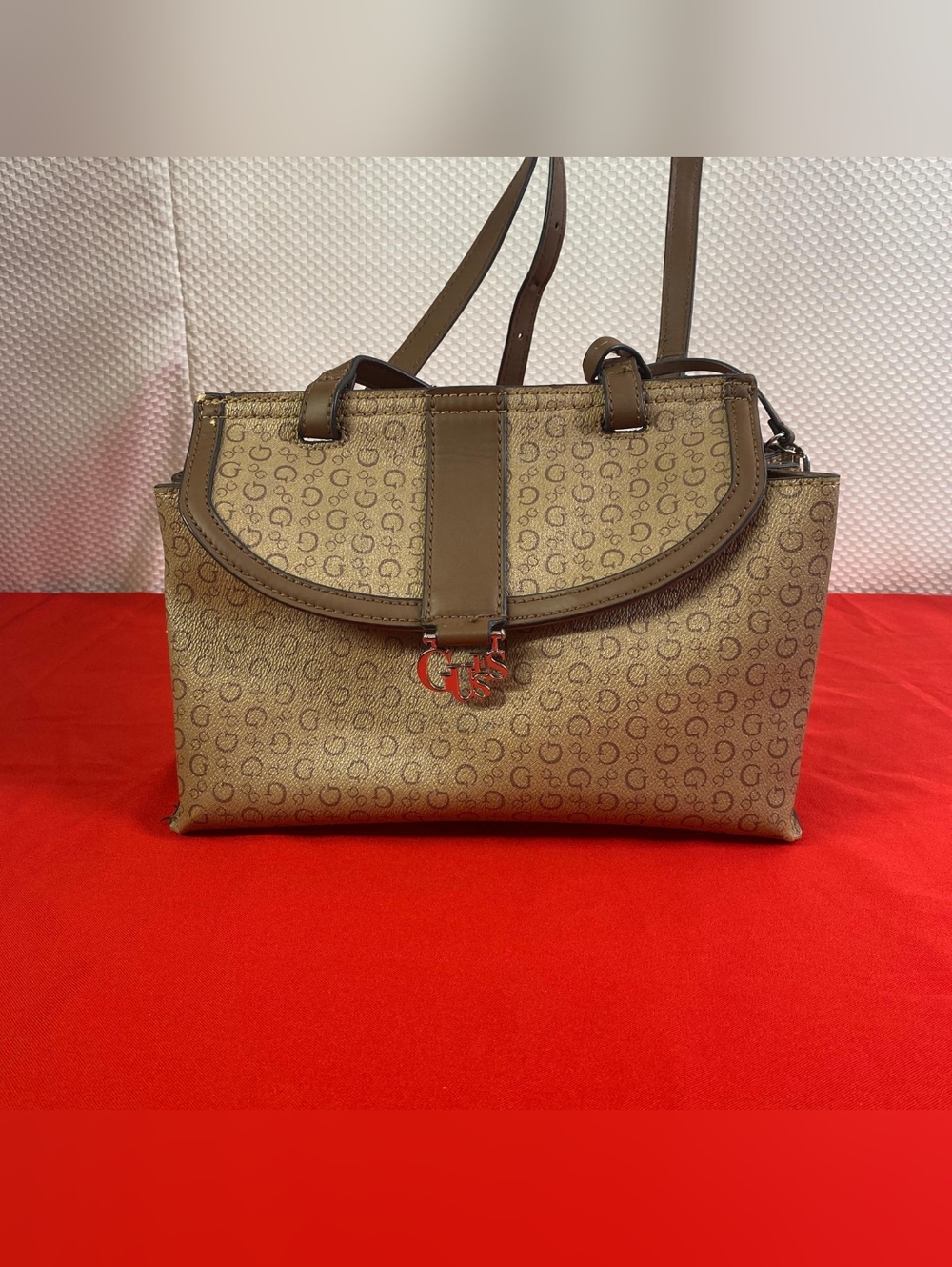 Guess Monogram Satchel Handbag & Matching Wallet Set Brown Gold Logo